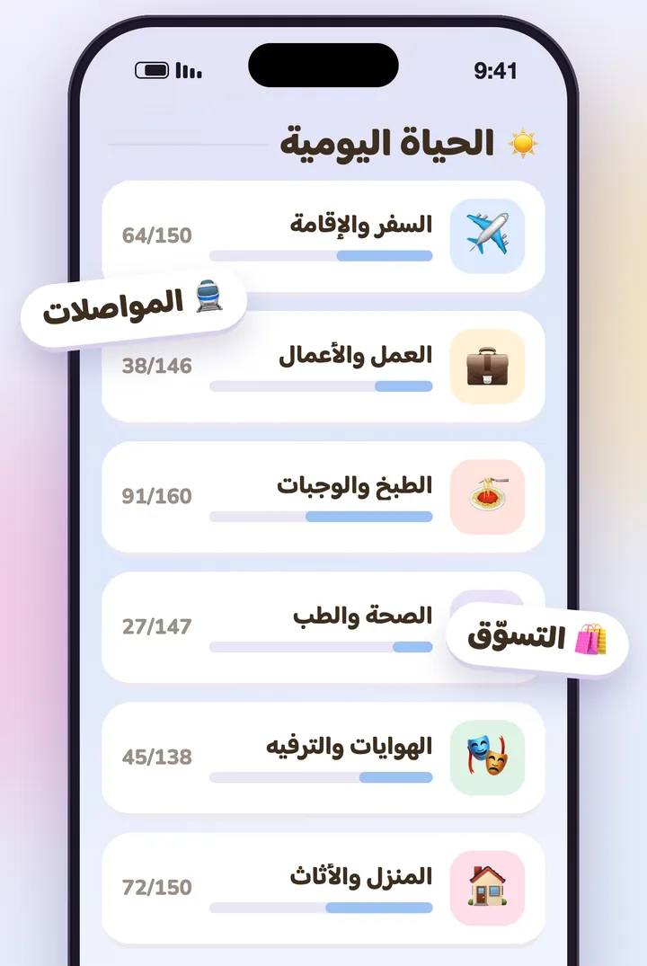 مواضيع الحياة اليومية في KoKo، ولكلٍّ منها شريط تقدّمه