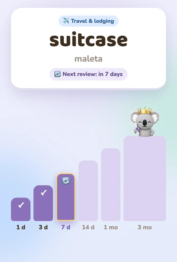 A word card and its next reviews, spaced from 1 day to 3 months