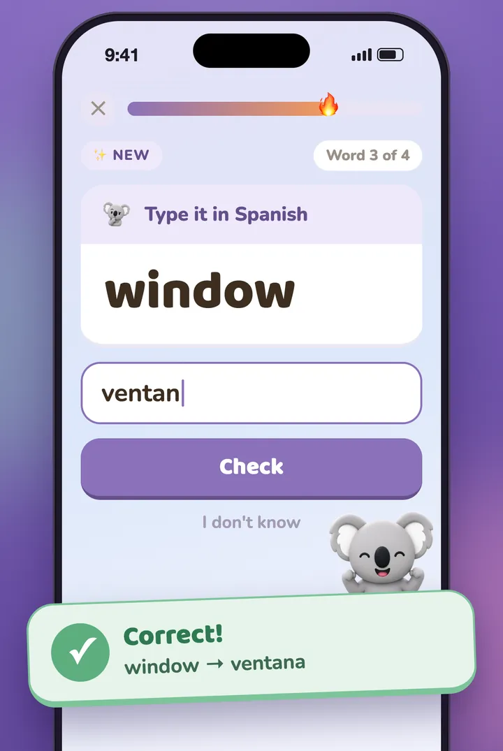 A typed-answer question, and the koala cheering a right answer