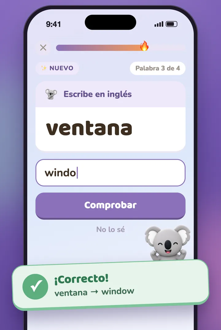 Una pregunta para escribir, y el koala celebrando la respuesta correcta