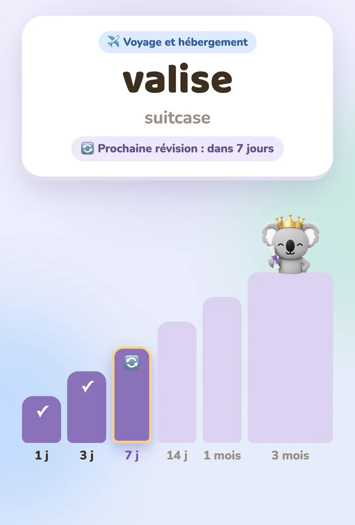 Une carte de mot et ses prochaines révisions, espacées d'un jour à trois mois