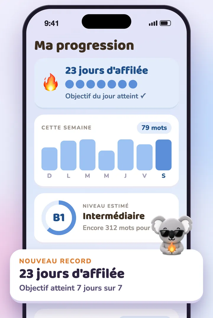 L'écran de progression : série, mots de la semaine et niveau estimé