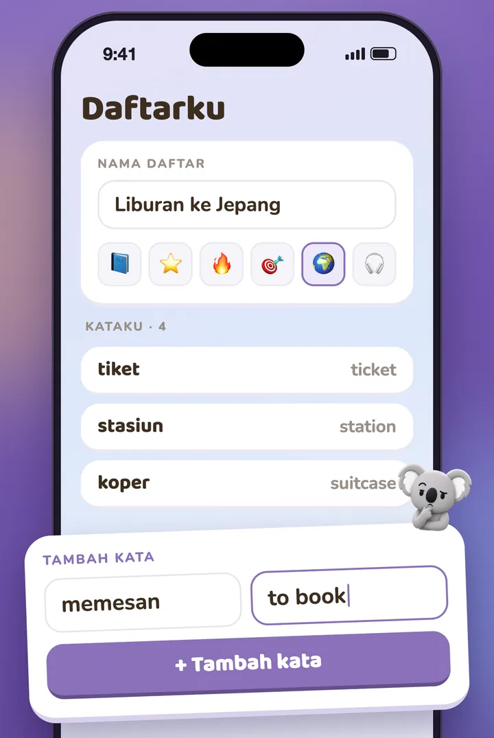 Daftar pribadi yang sedang diisi, kata demi kata
