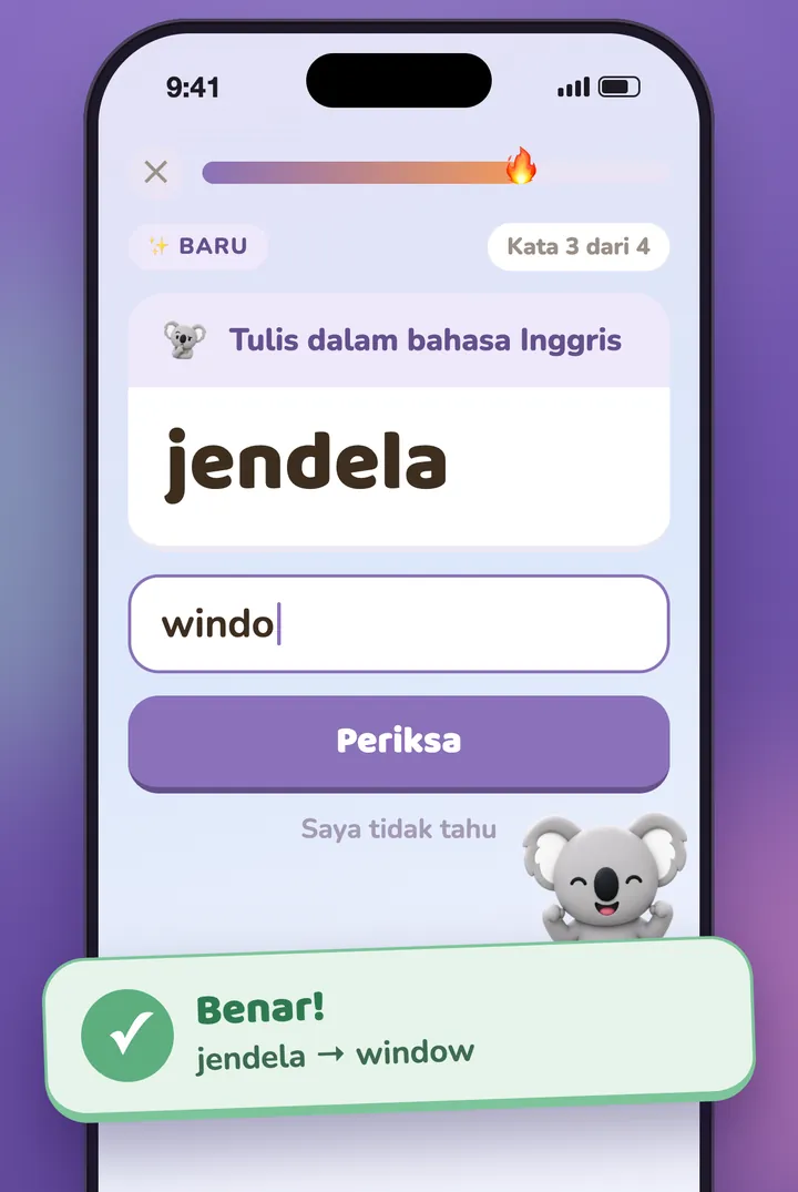 Soal dengan jawaban yang diketik, dan koala yang merayakan jawaban benar