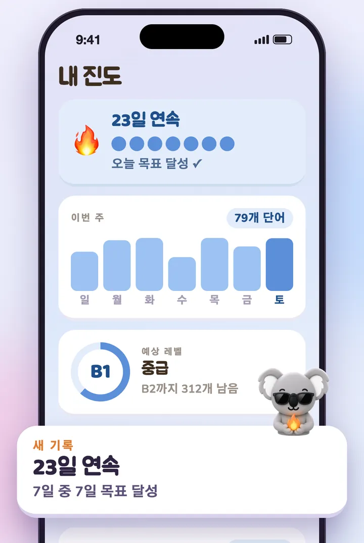 진행 화면: 연속 기록, 이번 주 단어, 예상 레벨