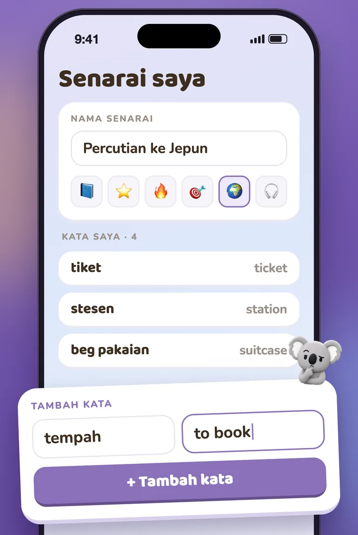 Senarai peribadi yang sedang diisi, kata demi kata