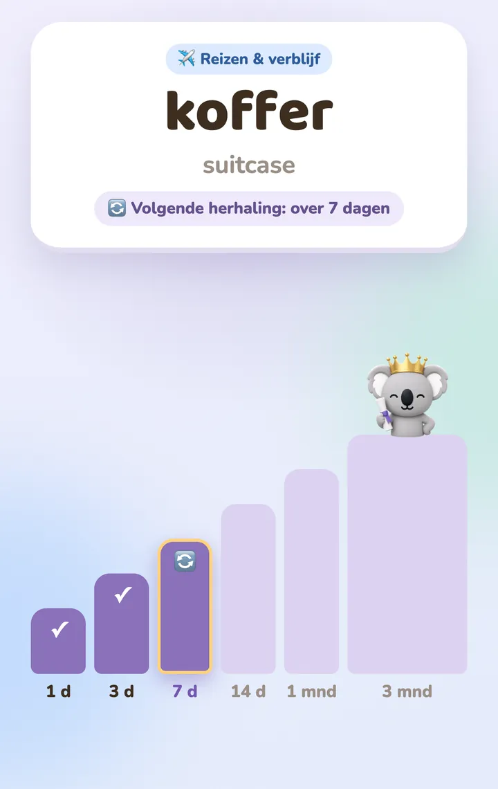 Een woordkaart en de volgende herhalingen, gespreid van 1 dag tot 3 maanden