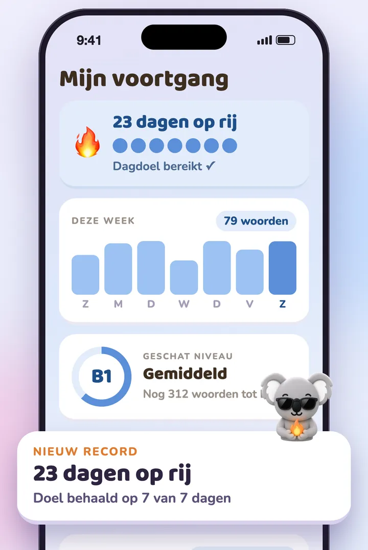 Het voortgangsscherm: reeks, woorden van de week en geschat niveau