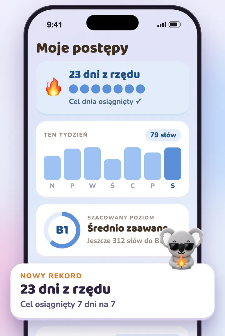 Ekran postępów: seria, słowa tygodnia i szacowany poziom