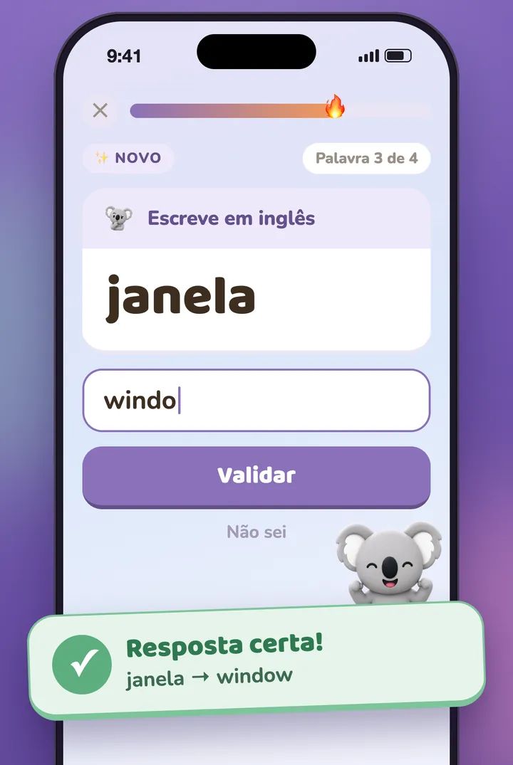 Uma pergunta para escrever, e o coala a celebrar a resposta certa