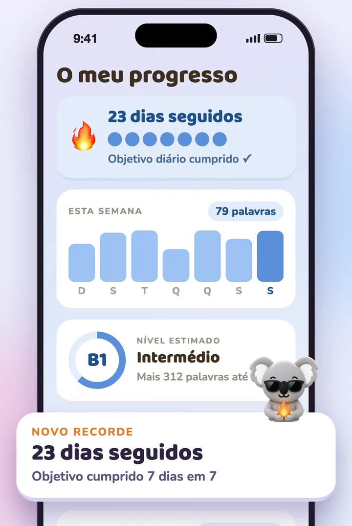 O ecrã de progresso: série, palavras da semana e nível estimado