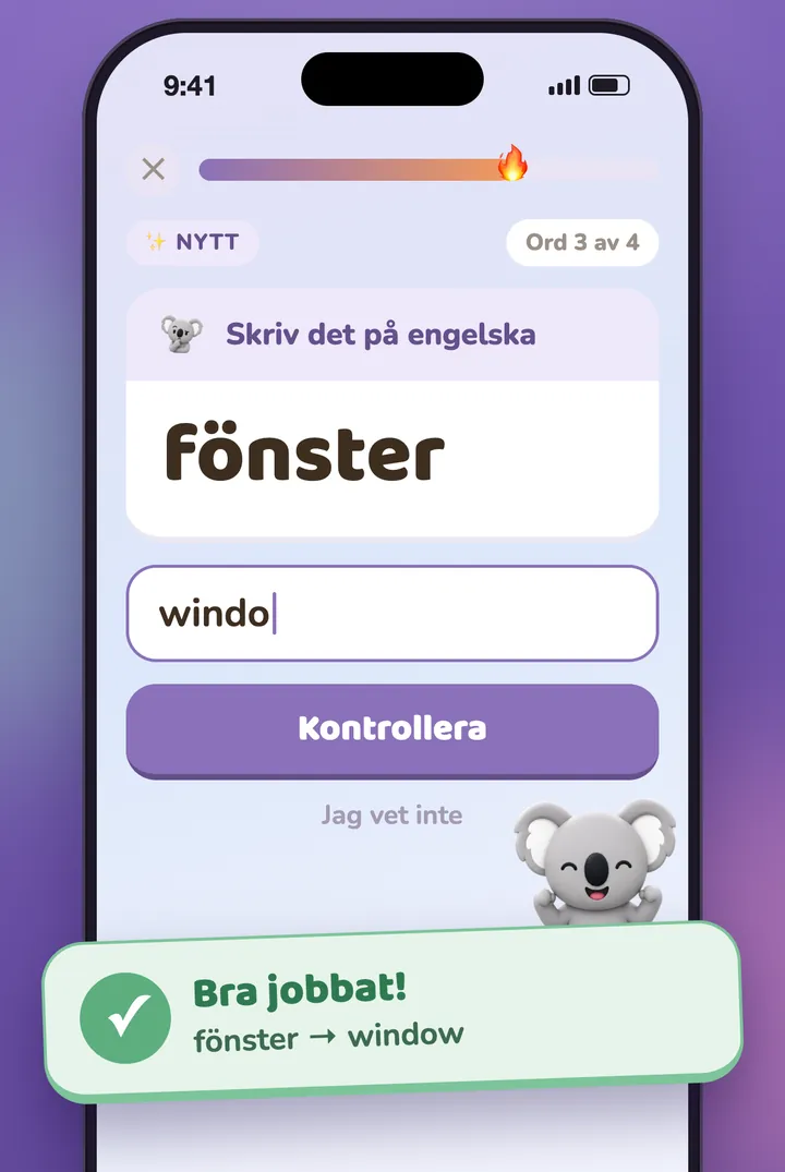En fråga där du skriver svaret, och koalan som firar rätt svar