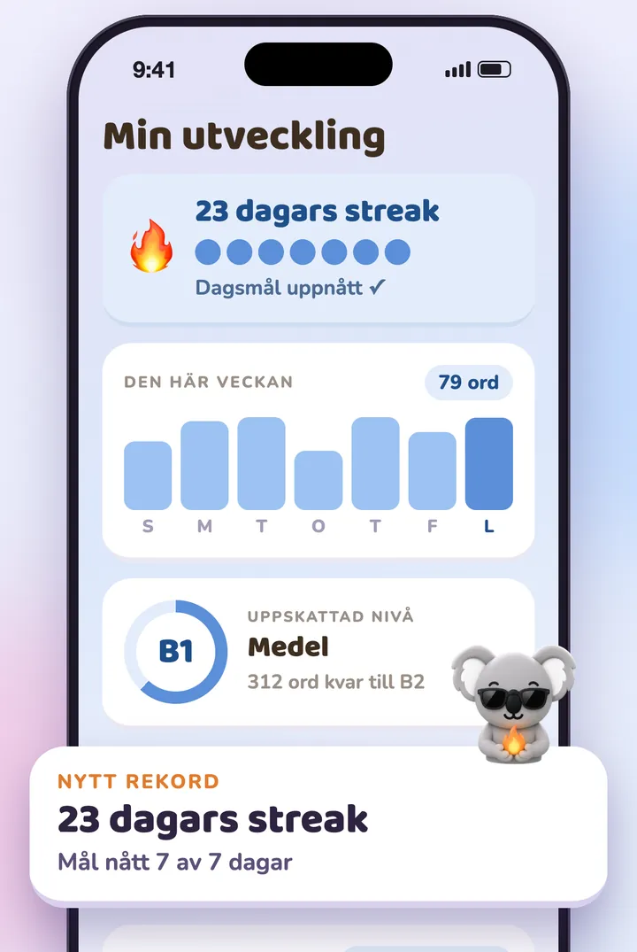 Framstegsskärmen: streak, veckans ord och uppskattad nivå