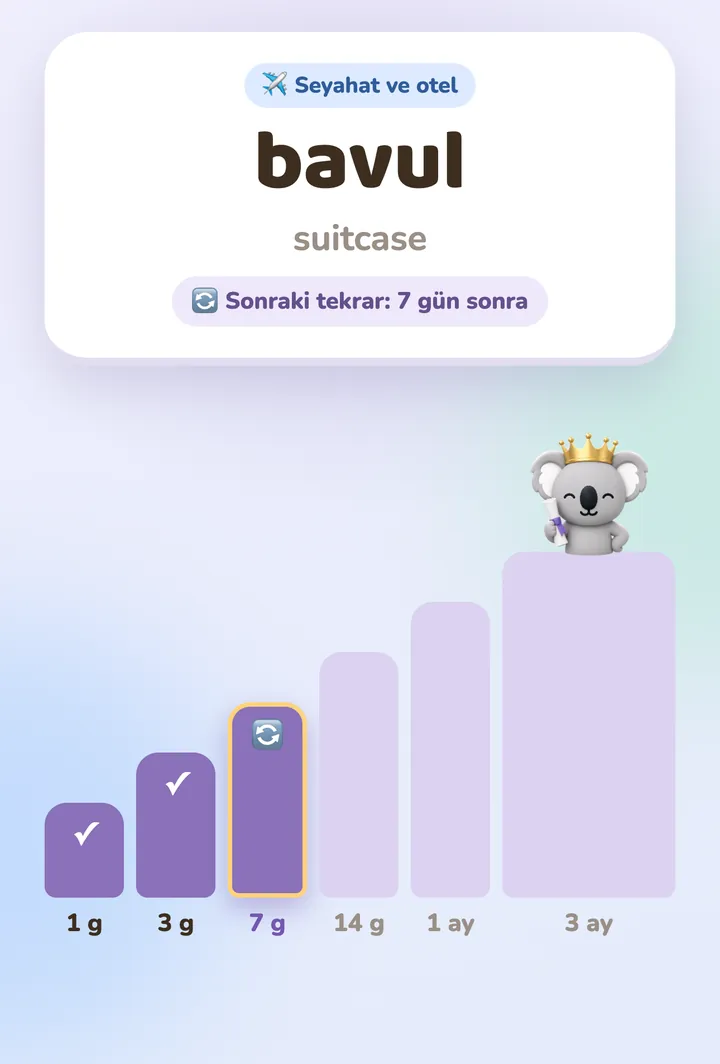 Bir kelime kartı ve 1 günden 3 aya kadar aralıklı sonraki tekrarları