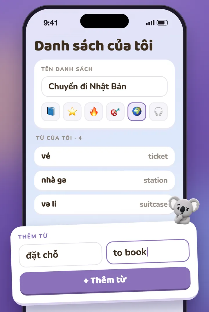 Một danh sách riêng đang được điền, từng từ một