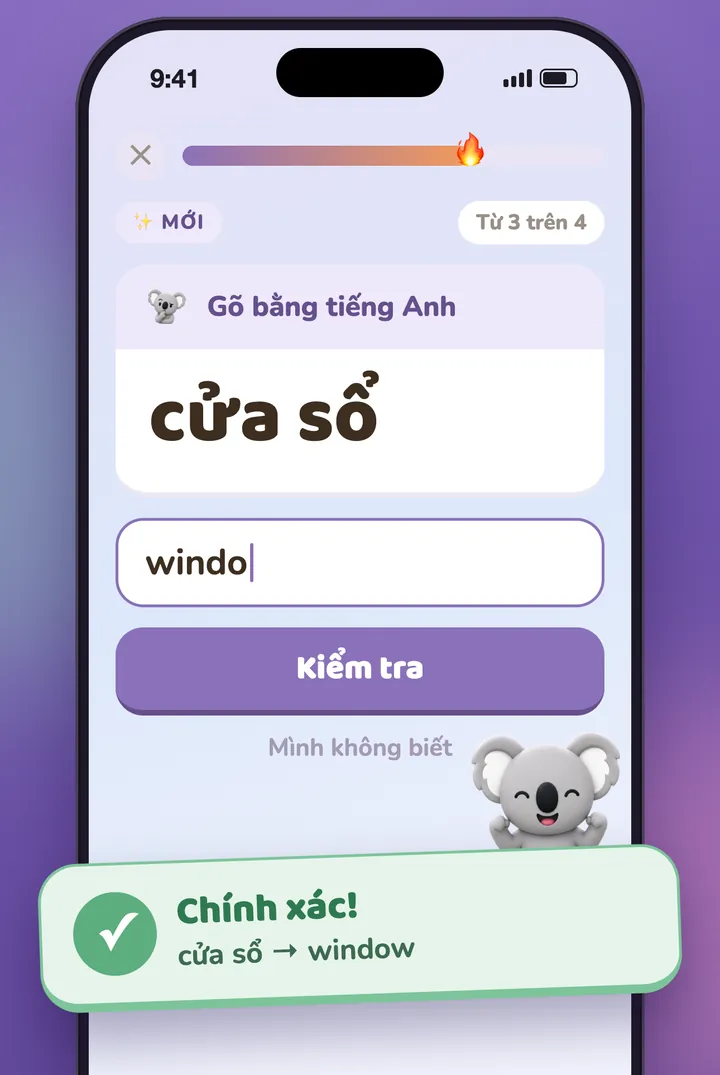 Một câu hỏi gõ đáp án, và chú gấu koala mừng câu trả lời đúng