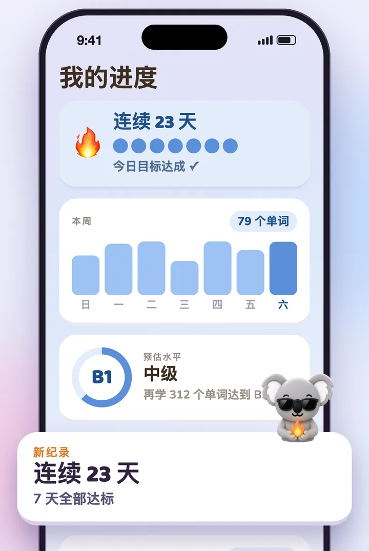 进度页面：连续打卡、本周单词和预估水平